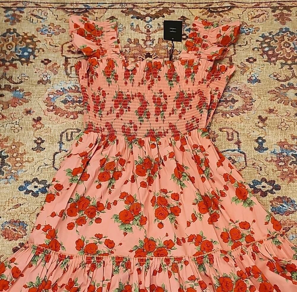 Cottagecore Code x Mode Pink & Red Floral Smocked Ruffled Mini Nap Dress Sz Lrg